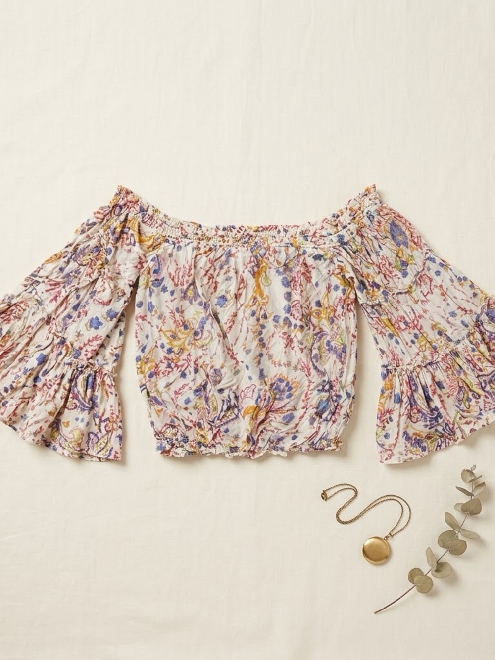 🌸 Free People Floral Paisley Off The Shoulder Smocked Bell Sleeve Crop Top S